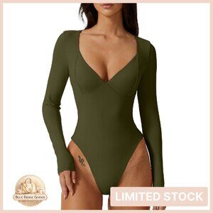 Long Sleeve V Neck Bodysuit Seamed Cup Sculpting Smoothing Thong Bottom